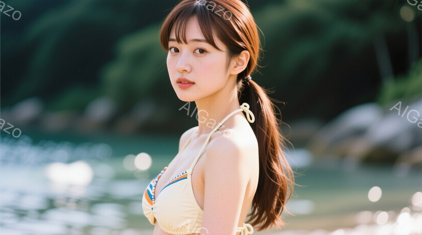 長い茶色の髪を高い位置でポニーテールにし、クリーム色の水着の上に着色された装飾が施されたトップスを着用した若い女性が写っています。彼女は少し横を向いており、穏やかでわずかに微笑んだ表情を浮かべています - AI生成フリー素材