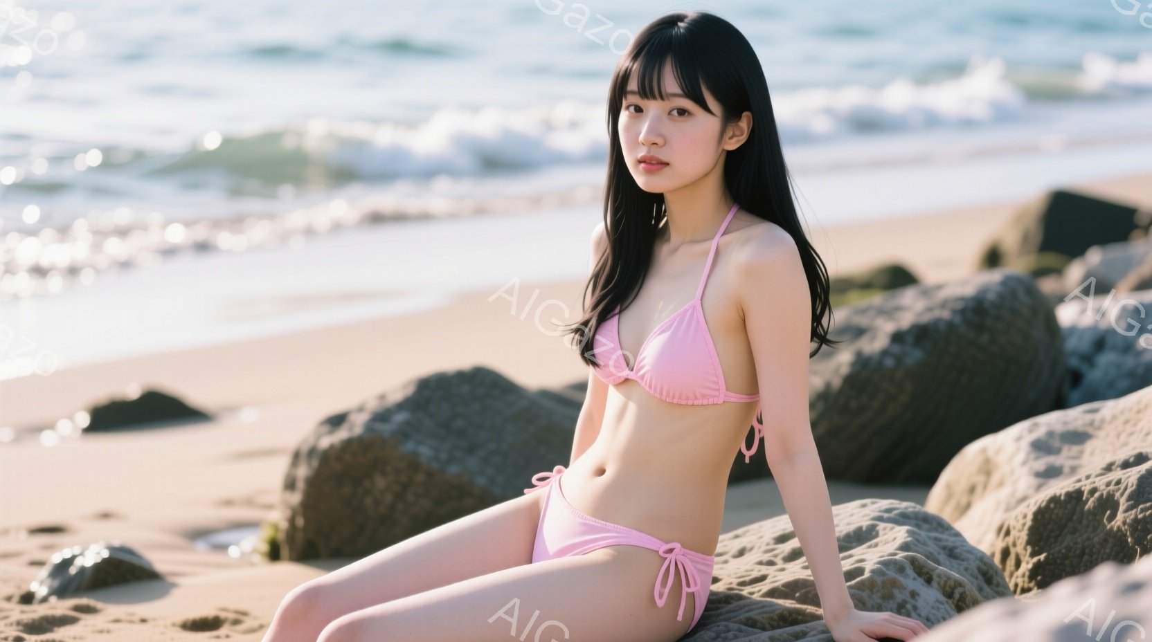 長い黒髪を肩から垂らし、ピンク色のビキニを身につけた女性が、砂浜の岩の上に座っています。彼女は少し微笑み、リラックスした表情で、海を見つめているようです。背景には穏やかな海と青空が広がり、明るく爽やかな雰囲気が漂っています。