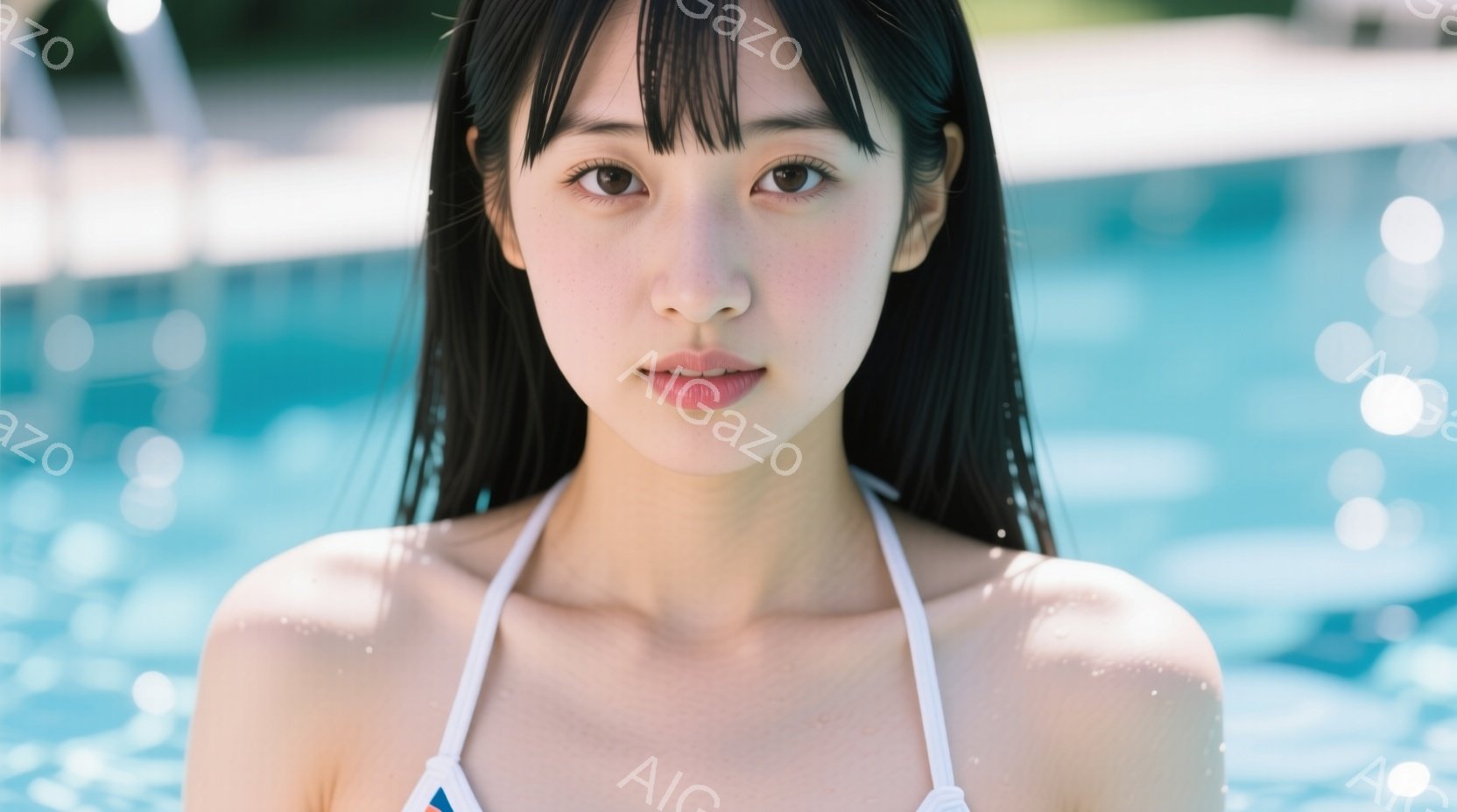 黒髪の女性が、水中で顔を覗かせている。白いビキニトップを着ており、濡れた髪が肩にかかっている。背景は水面で、光が反射してキラキラと輝いており、爽やかな夏の雰囲気を感じさせる。 - AI生成フリー素材