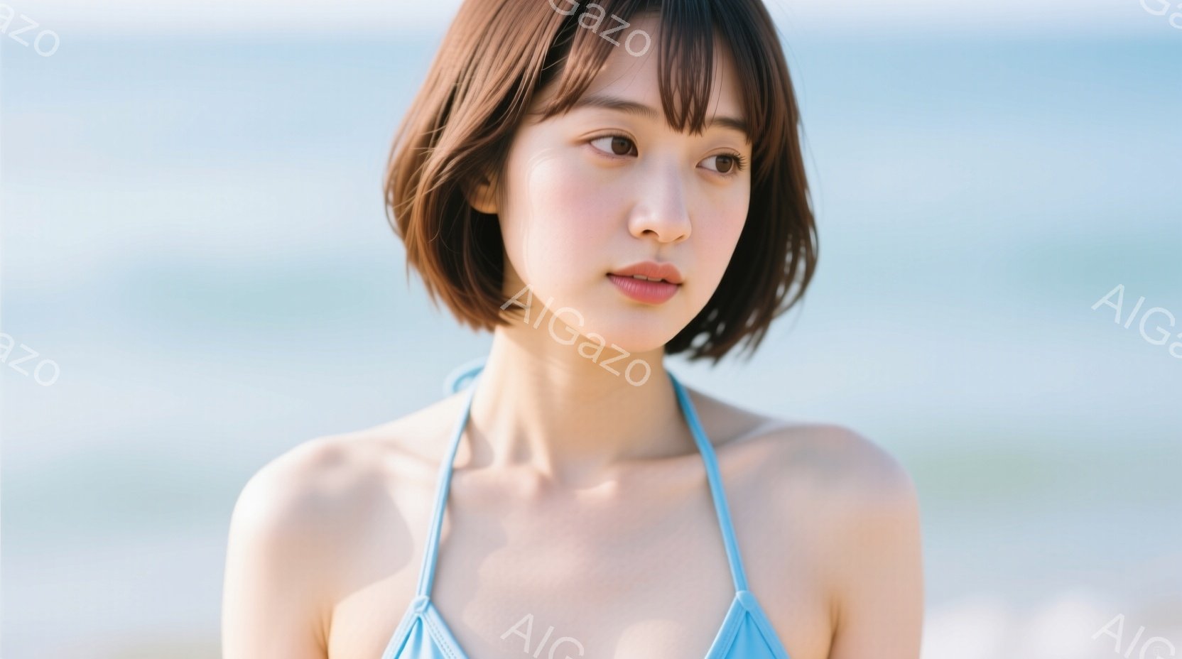 若い女性が水色のビキニを着て、わずかに横を向いてこちらを見ている。彼女は短い茶色の髪を持ち、表情は穏やかで、リラックスした雰囲気が漂っている。背景には、ぼやけた青い海と白い砂浜が見え、晴れた日のビーチ - AI生成フリー素材