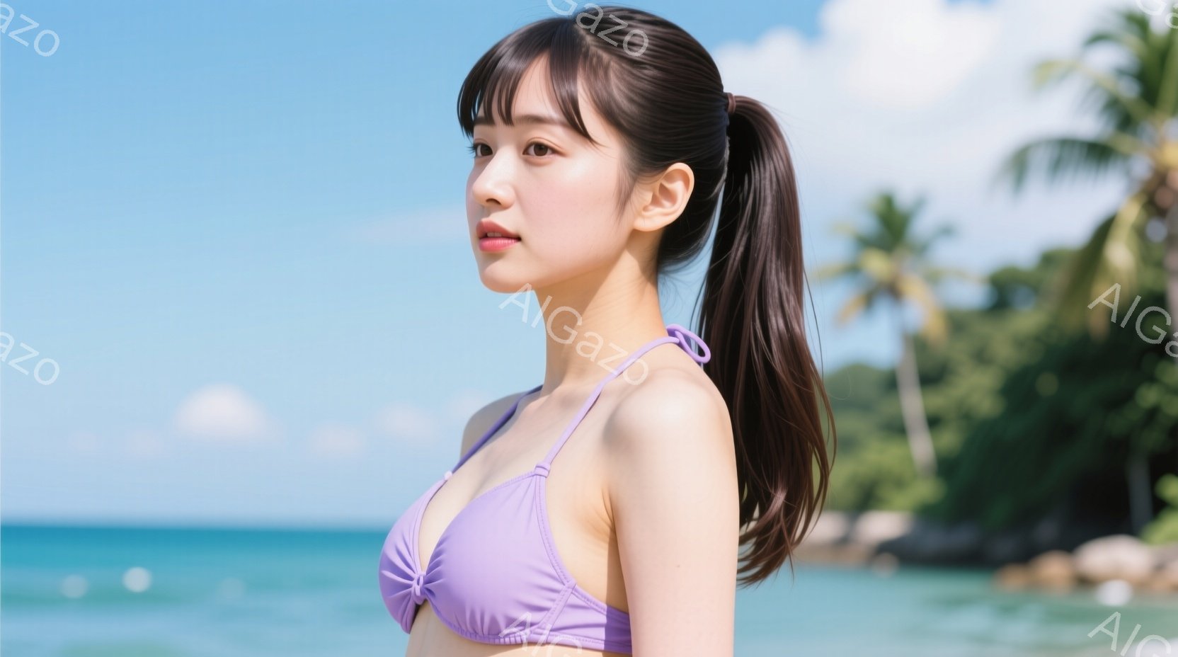 紫色のビキニを着た若い女性が、横顔でこちらを見ている。髪は後ろで高い位置でポニーテールにまとめられており、顔は穏やかで微笑んでいるように見える。背景には青い海とヤシの木々が広がり、晴れた日のビーチリゾ - AI生成フリー素材