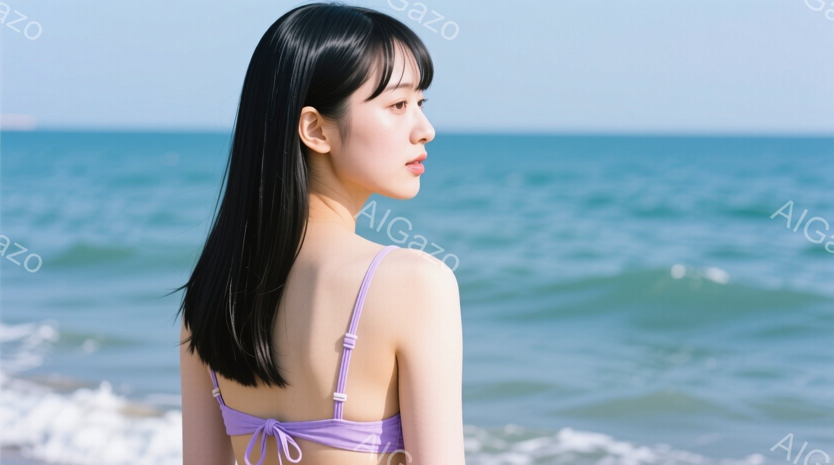 黒髪の女性が紫色のビキニを着て、海を背にして立っています。彼女は肩を少し丸め、穏やかな表情で遠くを見つめています。背景には穏やかな青い海と白い波が広がり、晴天でリラックスした雰囲気が漂っています。