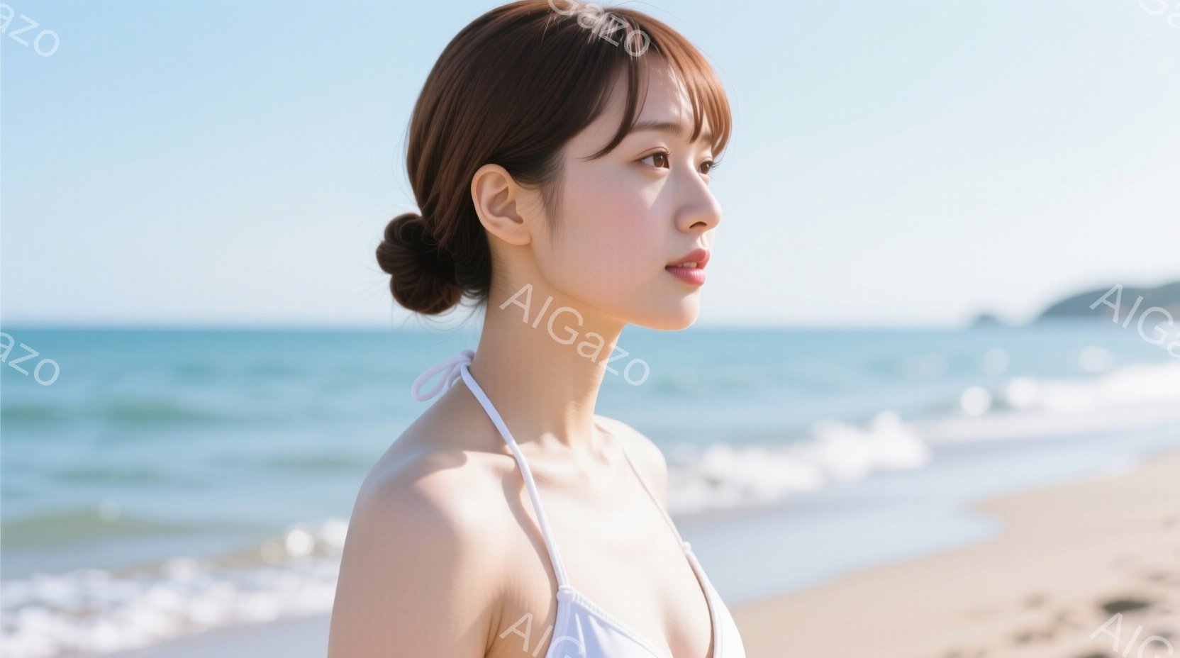 金髪の女性がビーチを背景に横を向いて立っています。白いビキニトップを着て、髪を後ろでまとめているため、首元がすっきりと見えています。穏やかな表情で、遠くを見つめており、背景には青い海と白い波が広がり、晴れた空の下、穏やかな夏の雰囲気が漂っています。