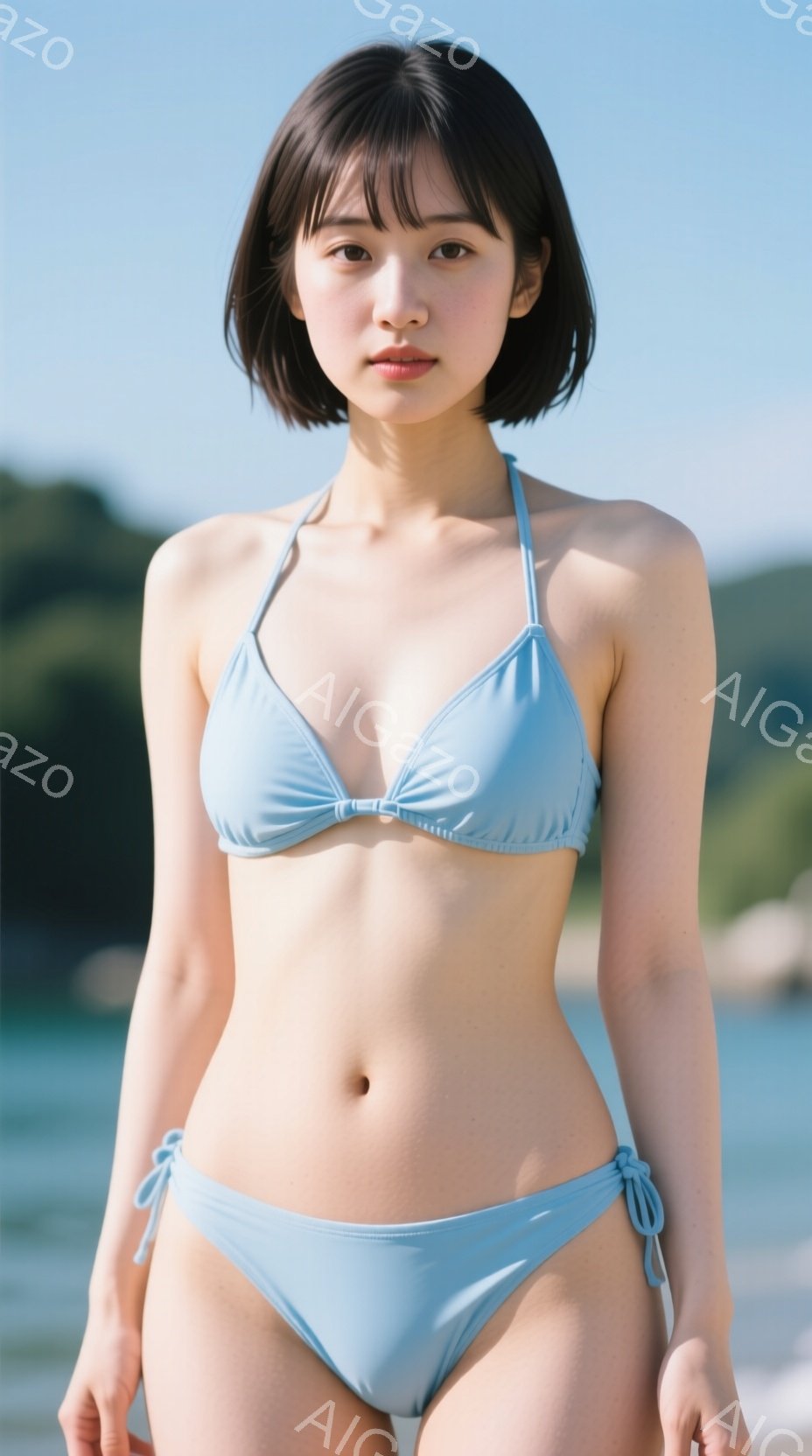 青いビキニを着た女性が写っています。彼女は肩まで届く黒髪で、表情は穏やかです。背景は青空と海で、晴れた日のビーチの様子がうかがえます。 - AI生成フリー素材