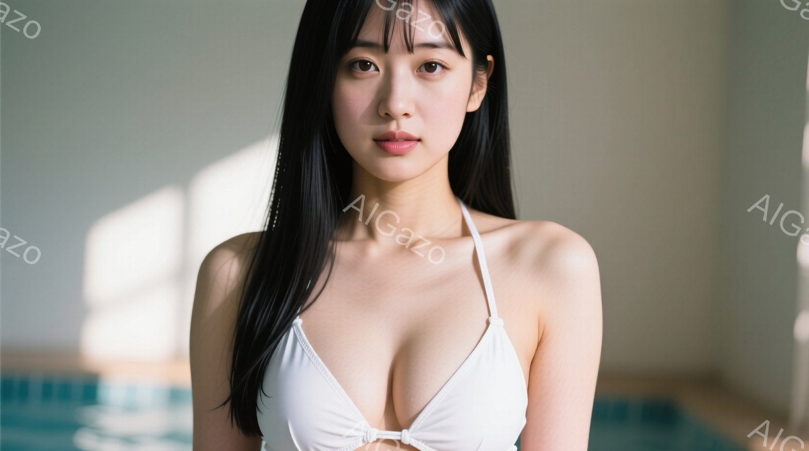長い黒髪をストレートに伸ばした女性が、白いビキニトップスを着て正面を見つめている。彼女はやや微笑みを浮かべ、リラックスした表情をしている。背景はぼやけており、プールの水面の一部が見える淡いブルーグレー - AI生成フリー素材