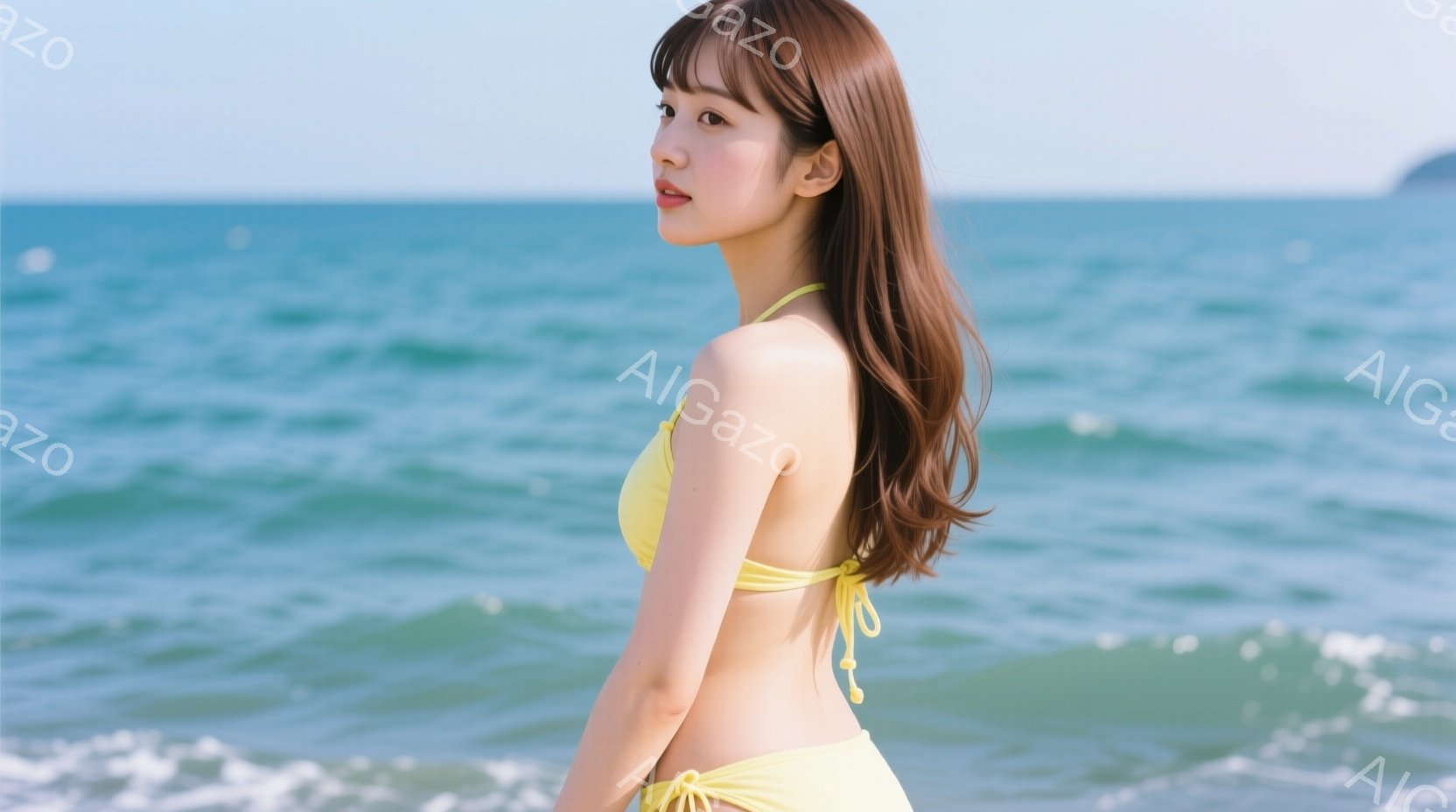 明るい黄色のビキニを着た女性が、海岸を背景に横を向いています。彼女は肩まで伸びた茶色の髪を持ち、穏やかな表情で遠くを見つめています。背景には青い海と白い波が広がり、晴れた空の下、リラックスした雰囲気が - AI生成フリー素材