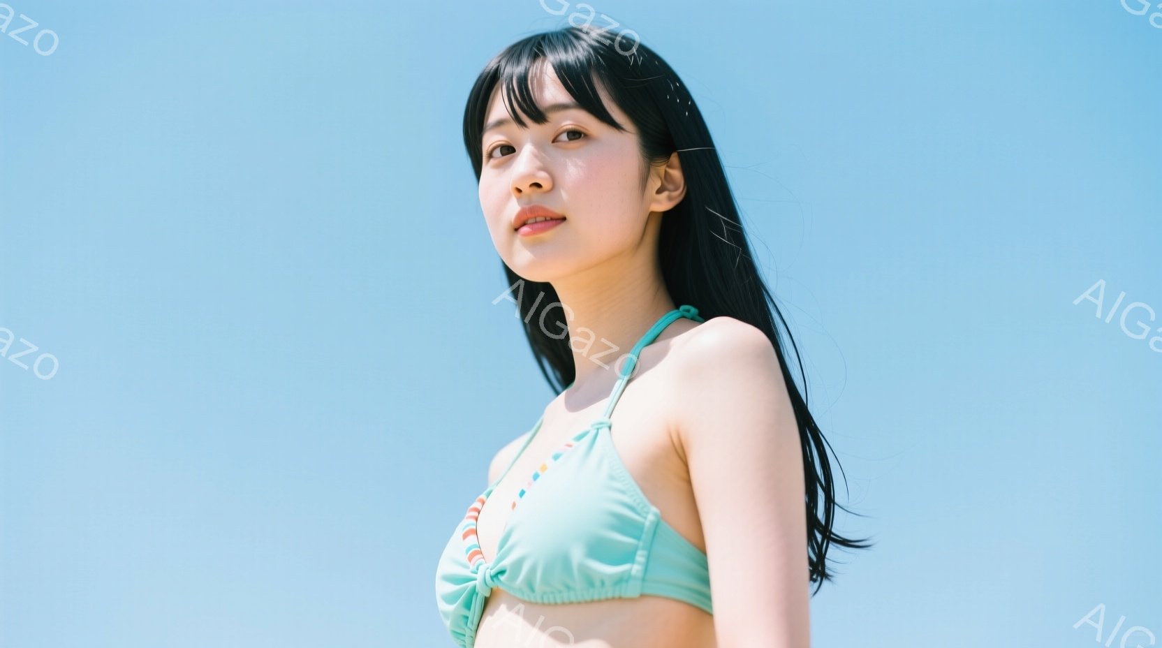長い黒髪を肩から下で伸ばした若い女性が、水色のビキニトップを着ています。彼女はわずかに上を見上げ、穏やかな微笑みを浮かべています。背景は晴れた空で、夏の明るい日差しが感じられる開放的な雰囲気です。 - AI生成フリー素材