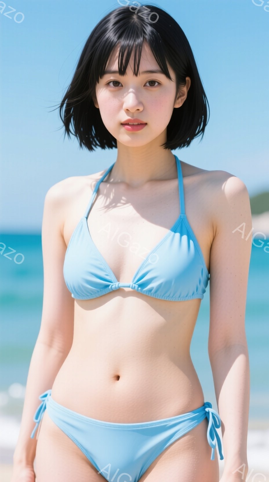 青いビキニを着た女性が写っています。彼女は肩までの長さの黒髪で、表情は穏やかです。背景には青い海と白い砂浜が見え、晴れた日のビーチの雰囲気が漂っています。 - AI生成フリー素材