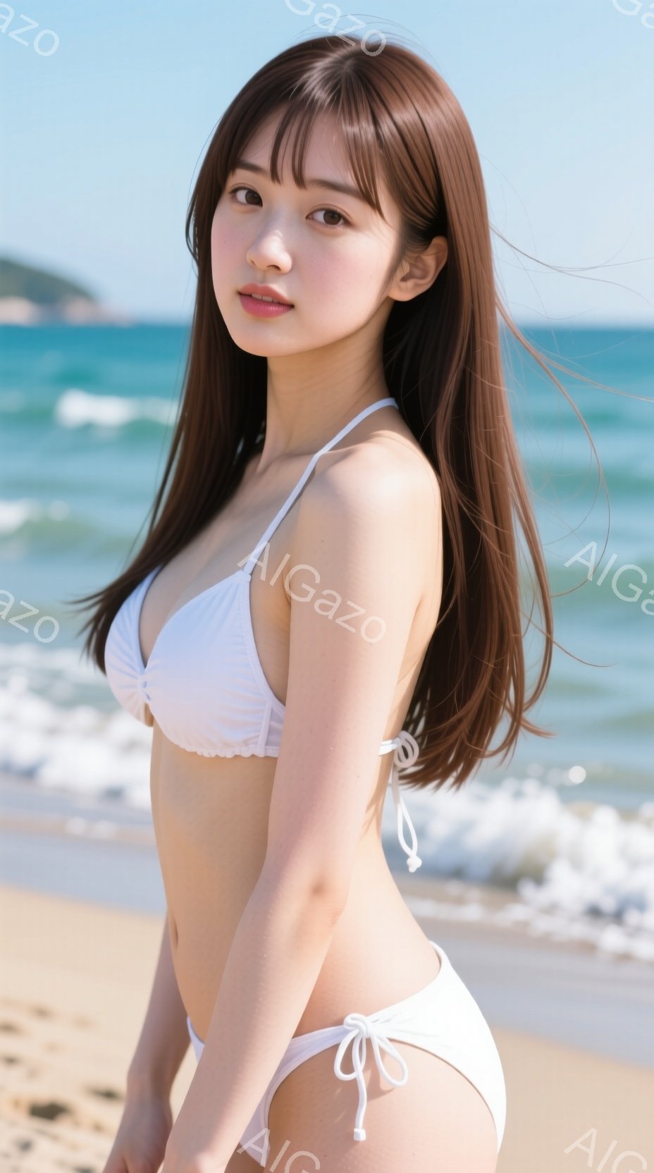 長い茶色の髪を肩にかけ、白いビキニを着た女性が写っています。彼女はビーチの砂浜に立ち、少し微笑んでカメラを見ています。背景には青い海と白い波が広がり、晴れた日の穏やかな雰囲気が漂っています。 - AI生成フリー素材