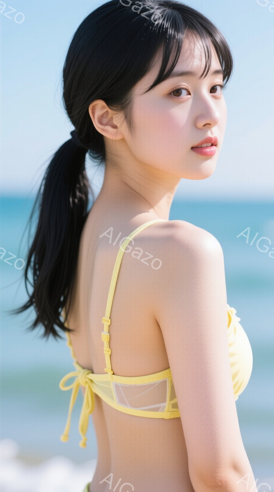 明るい黄色のビキニトップスを着た若い女性が写っています。彼女は黒髪をポニーテールにし、少し微笑んでいます。背景には青い海と白い砂浜が見え、晴れた日のビーチの穏やかな雰囲気を醸し出しています。 - AI生成フリー素材