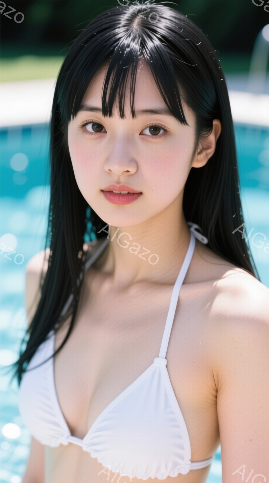 長い黒髪を肩から背中に流し、白いビキニを着た若い女性が写っている。彼女はカメラに向かってわずかに微笑み、濡れた髪が頬に張り付いている。背景には水面が広がり、明るい日差しが水面を照らしている。