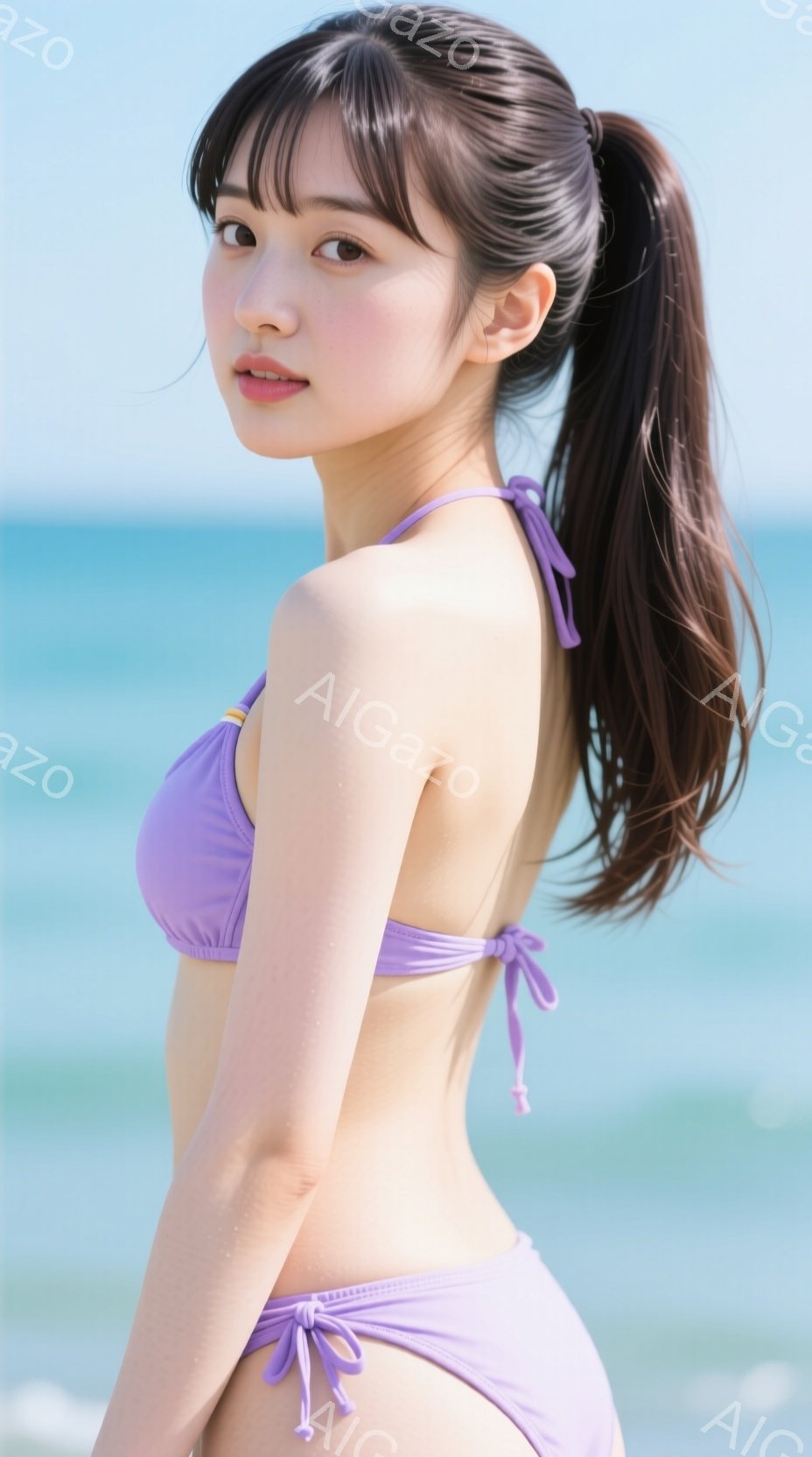 紫色のビキニを着た若い女性が、海辺でポーズをとっています。彼女は長い黒髪をポニーテールにし、少し微笑んでいます。背景には穏やかな青い海が広がり、晴れた日のリラックスした雰囲気が漂っています。 - AI生成フリー素材
