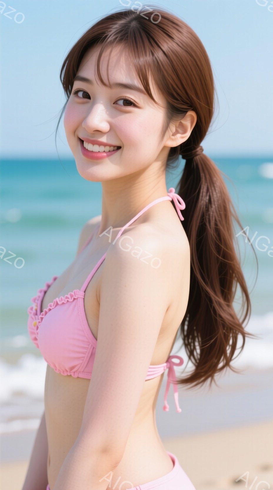 明るいピンク色の水着を着た若い女性が写っています。彼女は髪を高い位置でポニーテールにし、微笑んでいます。背景には青い海と砂浜が広がり、晴れた日のビーチの雰囲気が伝わってきます。 - AI生成フリー素材