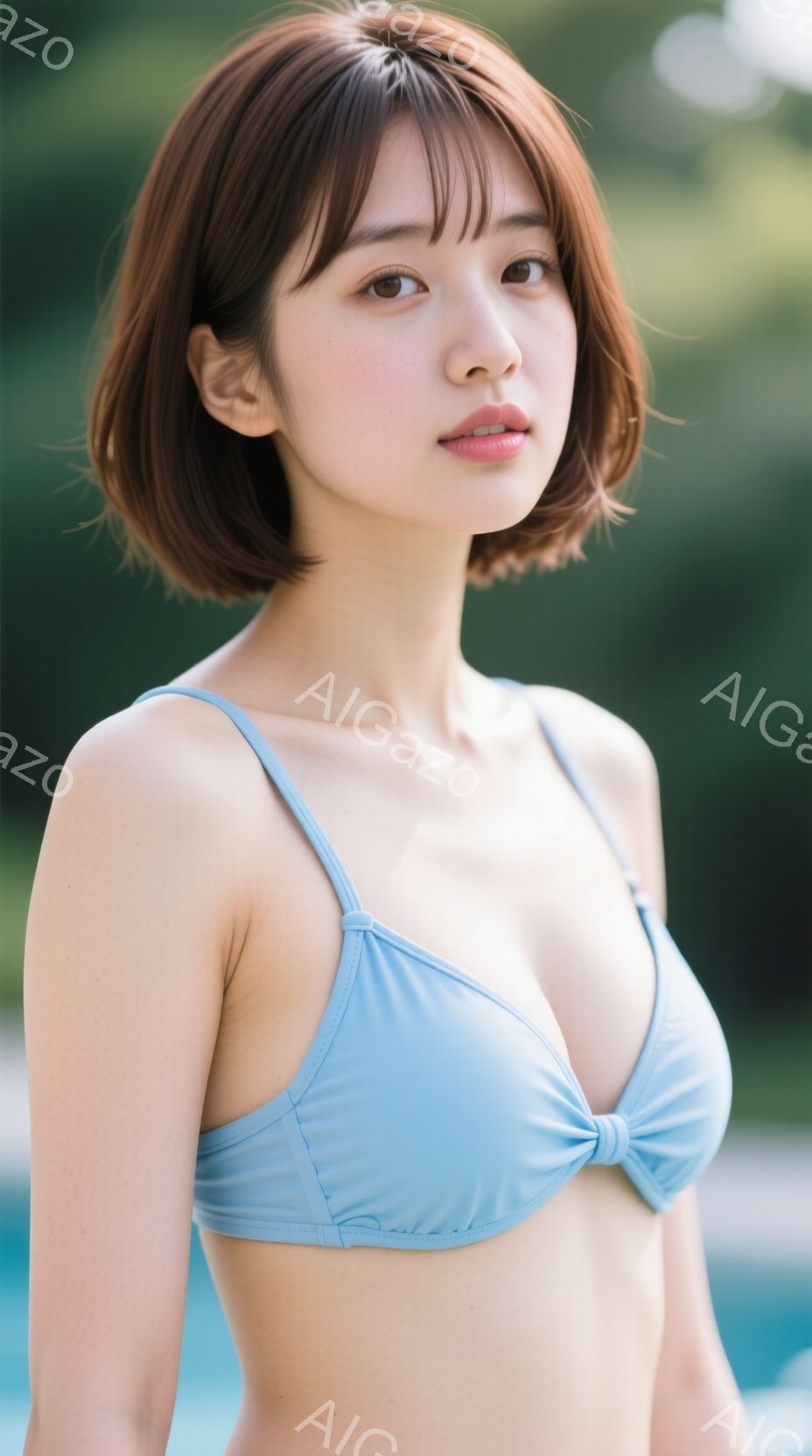 明るい青色のビキニトップスを着た若い女性が写っています。彼女は肩までの長さの茶髪で、少し微笑んでいます。背景は緑豊かな植物とぼやけた青い水面で、明るく爽やかな夏の日の雰囲気が漂っています。 - AI生成フリー素材