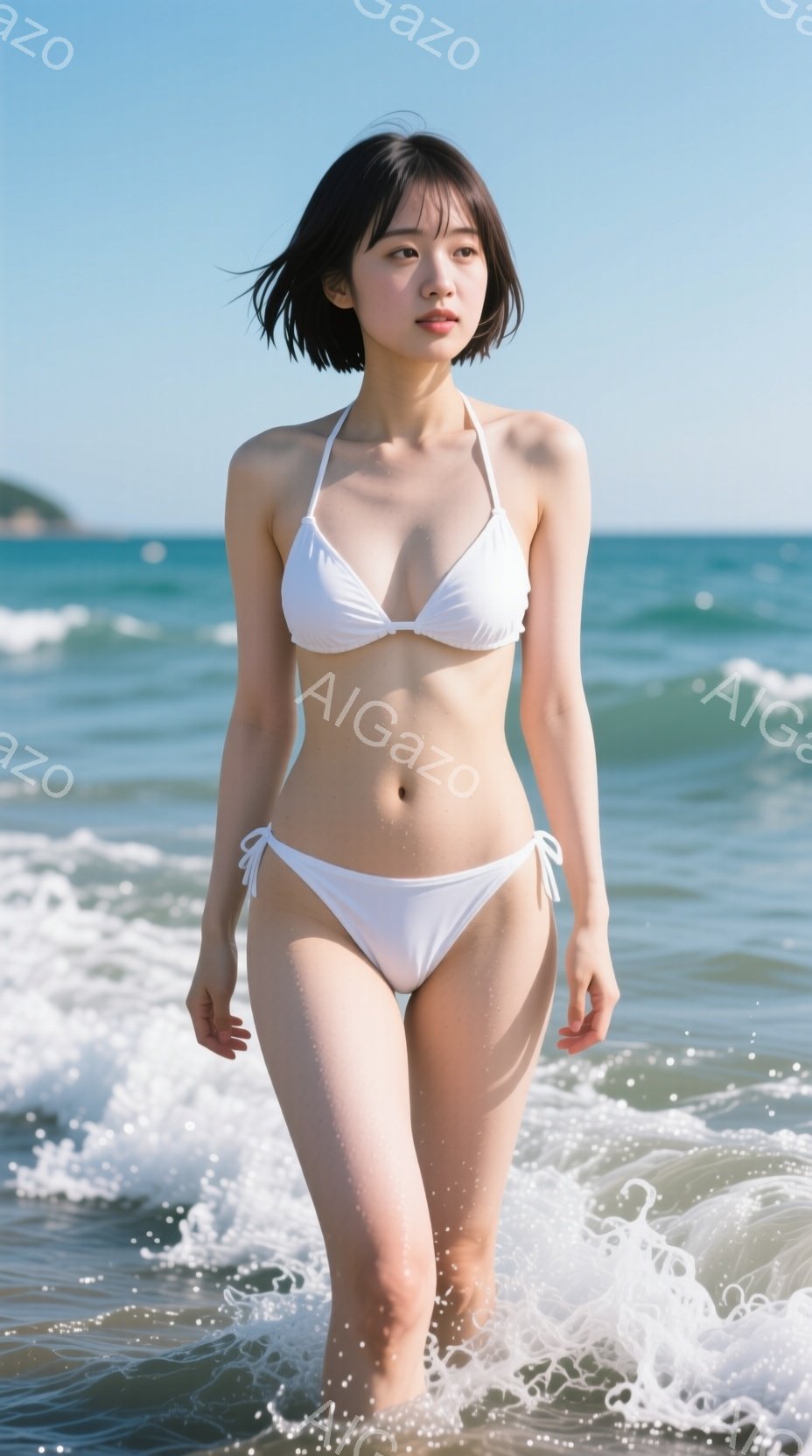 白いビキニを着た若い女性が、波打ち際に立っている。彼女は黒いショートヘアで、顔には穏やかな表情を浮かべている。背景には青い海と空、遠くに陸地が見え、晴れた日の穏やかなビーチの雰囲気が漂っている。