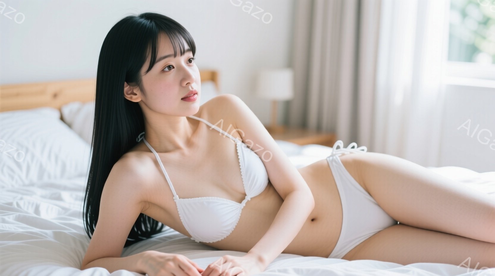長い黒髪をセンターパートにした女性が白いベッドの上に横たわっている。白いビキニ型の水着を着用し、リラックスした表情で遠くを見つめている。背景には、薄い色のカーテンと、控えめなデザインのナイトスタンドが - AI生成フリー素材