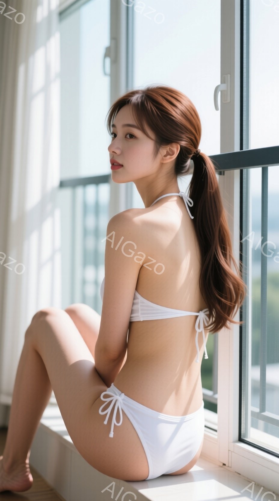 長い茶色の髪をハーフアップにした女性が、白いビキニを着て窓辺に座っている。彼女は少し横を向き、穏やかな表情で遠くを見つめている。背景には建物と水辺が見え、晴れた日の穏やかな雰囲気が漂っている。 - AI生成フリー素材