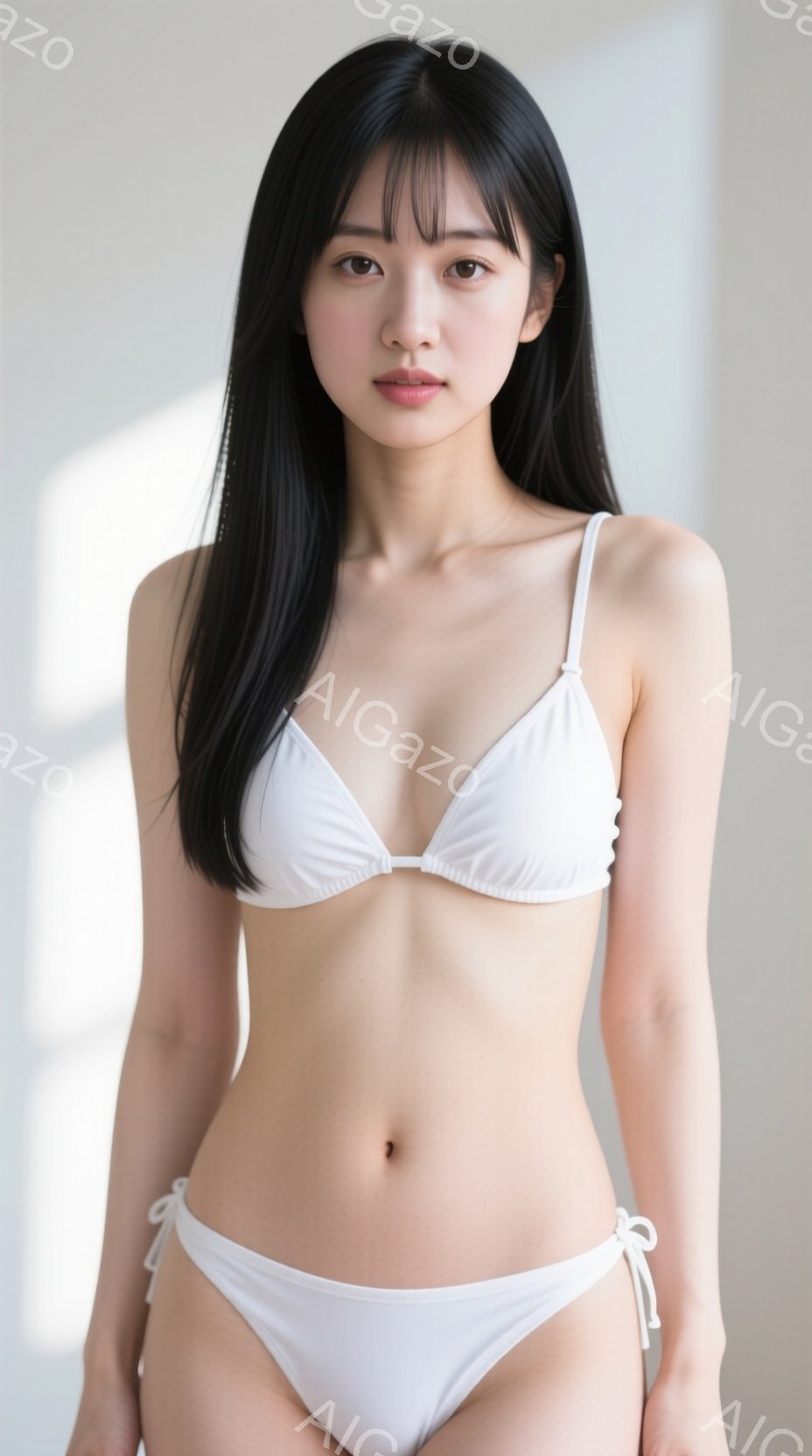 黒髪の女性が白いビキニを着て正面を向いています。彼女は少し微笑み、リラックスした姿勢で立っています。背景は白く、人物に焦点が当てられています。 - AI生成フリー素材