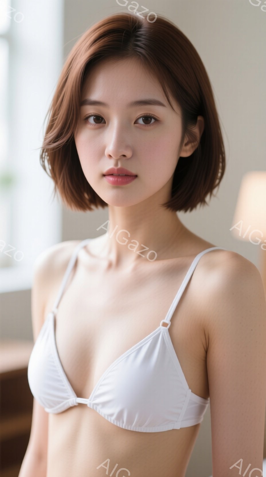 画像は、白いトライアングルブラレットを着た若い女性を捉えています。彼女は肩までの長さの茶髪で、表情は穏やかでわずかに微笑んでいます。背景はぼやけていますが、室内であること、木製の家具が配置されているこ - AI生成フリー素材