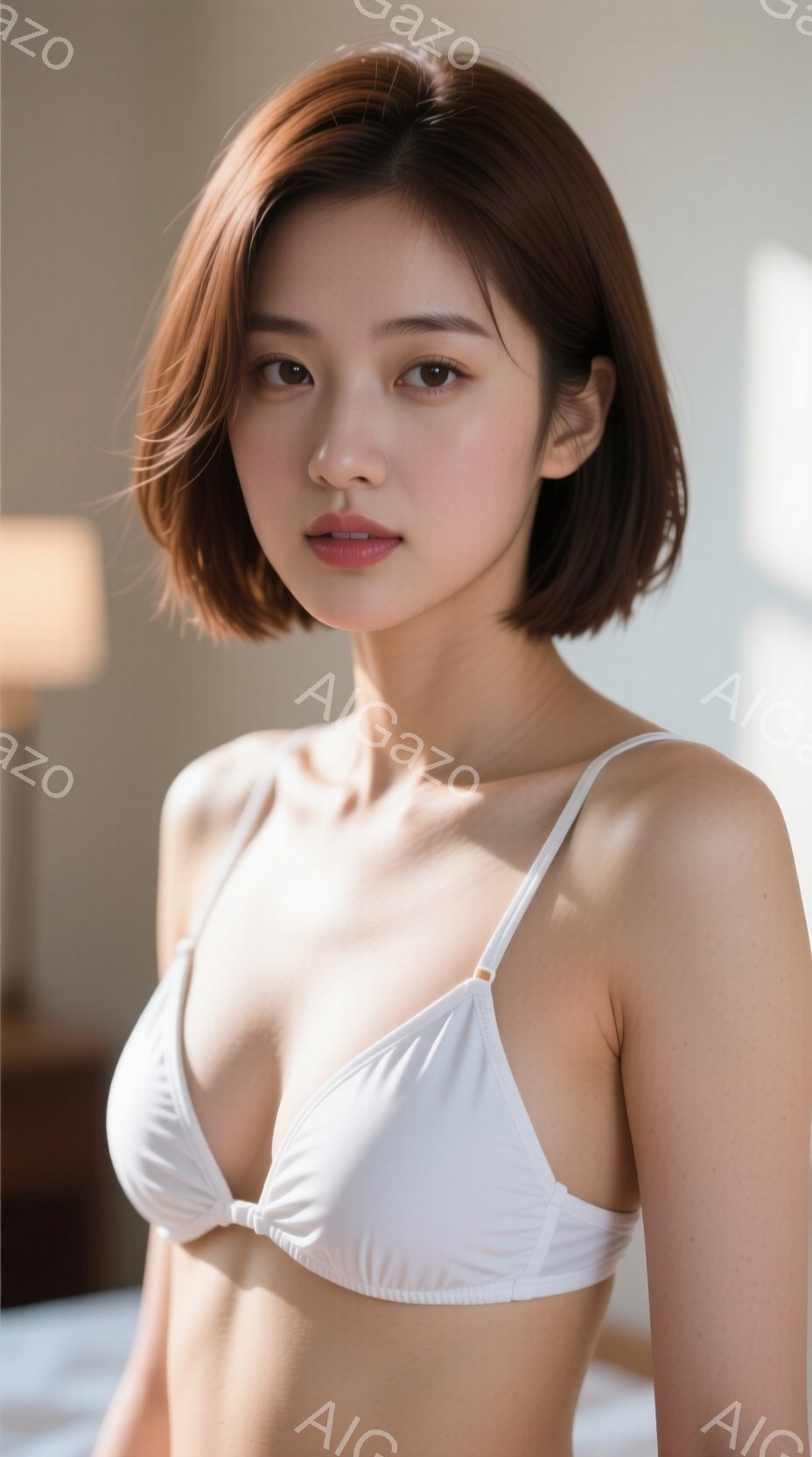 短い茶色の髪の女性が、白いブラレット姿で立っている。彼女はわずかに微笑み、カメラを見つめている。背景にはぼやけたベッドと間接照明が見え、全体的に柔らかく、家庭的な雰囲気である。 - AI生成フリー素材