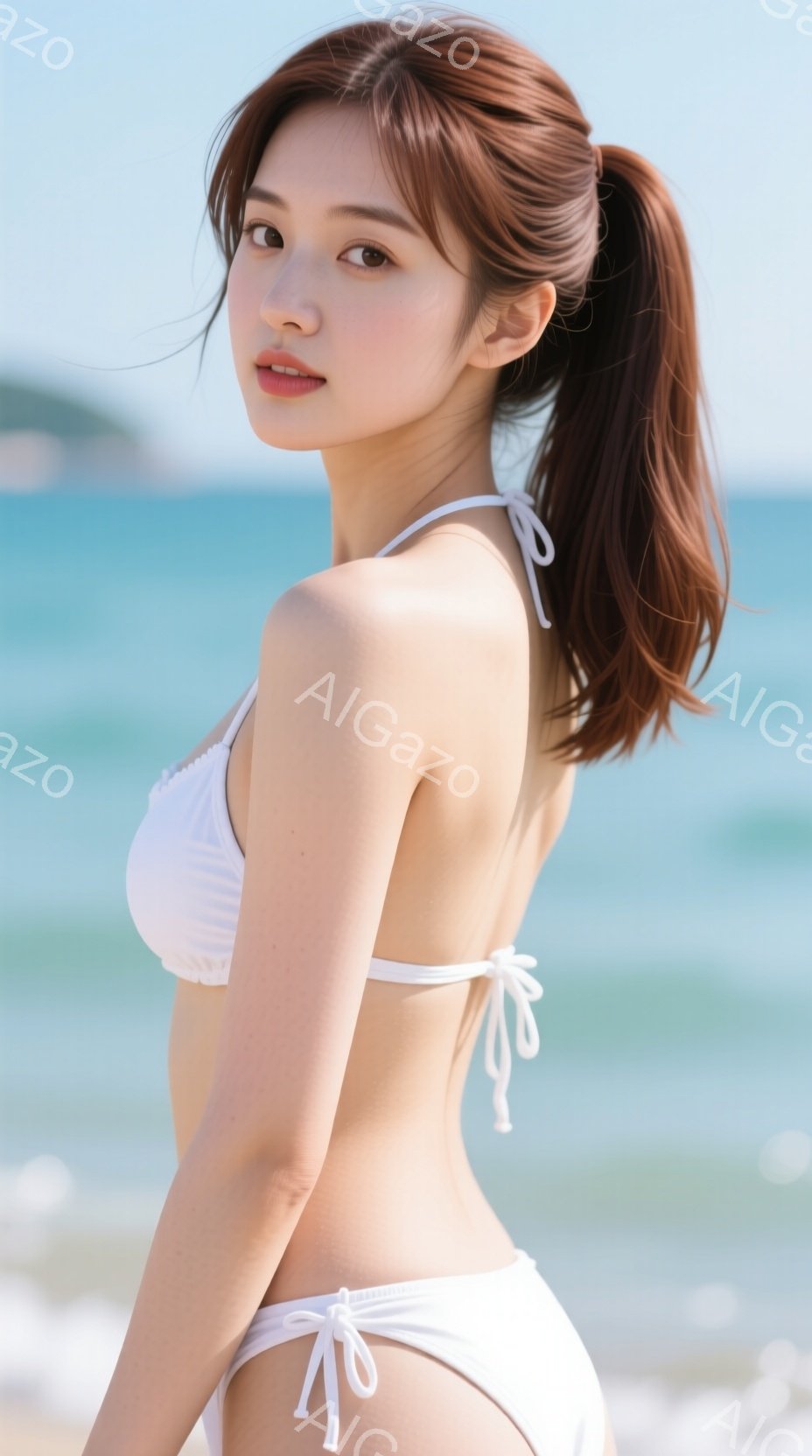 明るい日差しの下、茶髪をポニーテールにした若い女性が白いビキニを着て立っています。彼女は少し振り返り、穏やかな表情でこちらを見ています。背景には青い海と白い砂浜が広がり、晴れた夏の日のリラックスした雰 - AI生成フリー素材