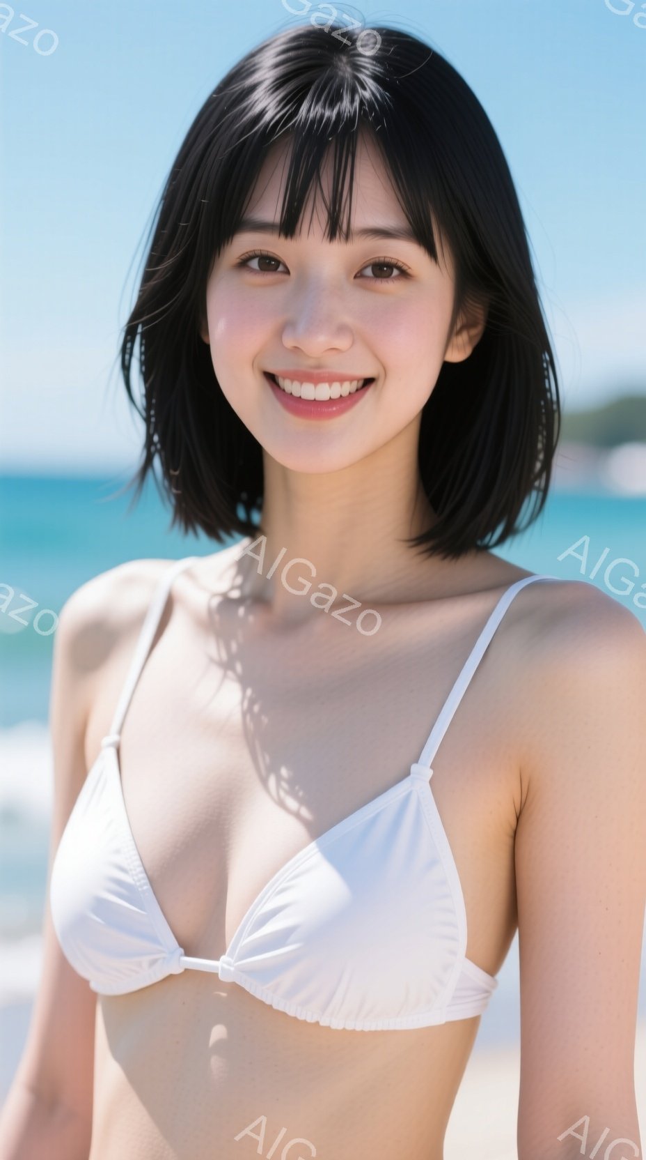 この女性は白いビキニを着て、日差しの中で微笑んでいます。黒いショートヘアで、顔の輪郭がはっきりと見えます。背景には青い海と白い砂浜が広がり、晴れた日のリゾート地の雰囲気が漂っています。 - AI生成フリー素材
