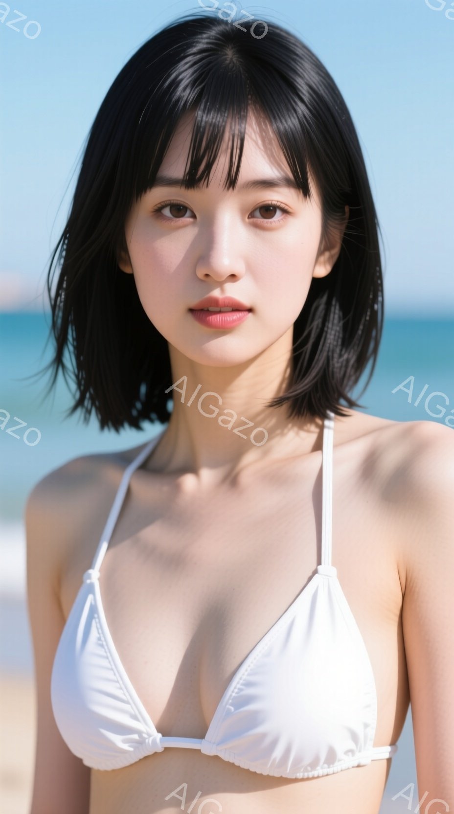 黒髪の女性が白いビキニを着て正面を向いています。彼女は穏やかな表情で、少し微笑んでいるように見えます。背景には青い海と空が広がり、晴れた日のビーチの雰囲気が漂っています。 - AI生成フリー素材