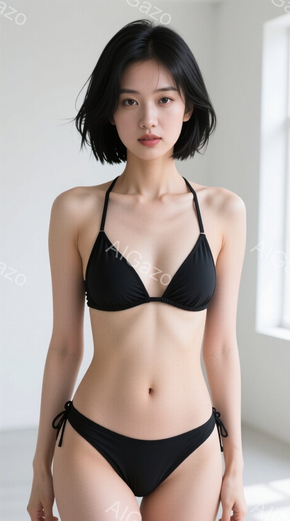 黒いビキニを着た女性が正面を向いて立っています。彼女は短い黒髪で、表情は穏やかで少し微笑んでいます。背景は白い壁で、光が柔らかく差し込み、全体的に清潔でミニマルな雰囲気が漂っています。 - AI生成フリー素材