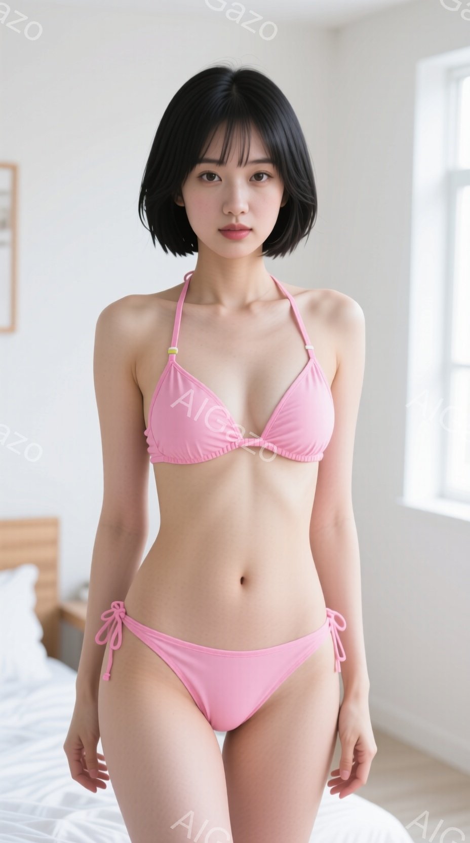 明るいピンク色のビキニを着用した若い女性が写っています。彼女はストレートで前髪のある黒髪で、少し微笑んだ表情をしています。背景には白いベッドと窓が見え、明るく清潔感のある雰囲気が漂っています。 - AI生成フリー素材