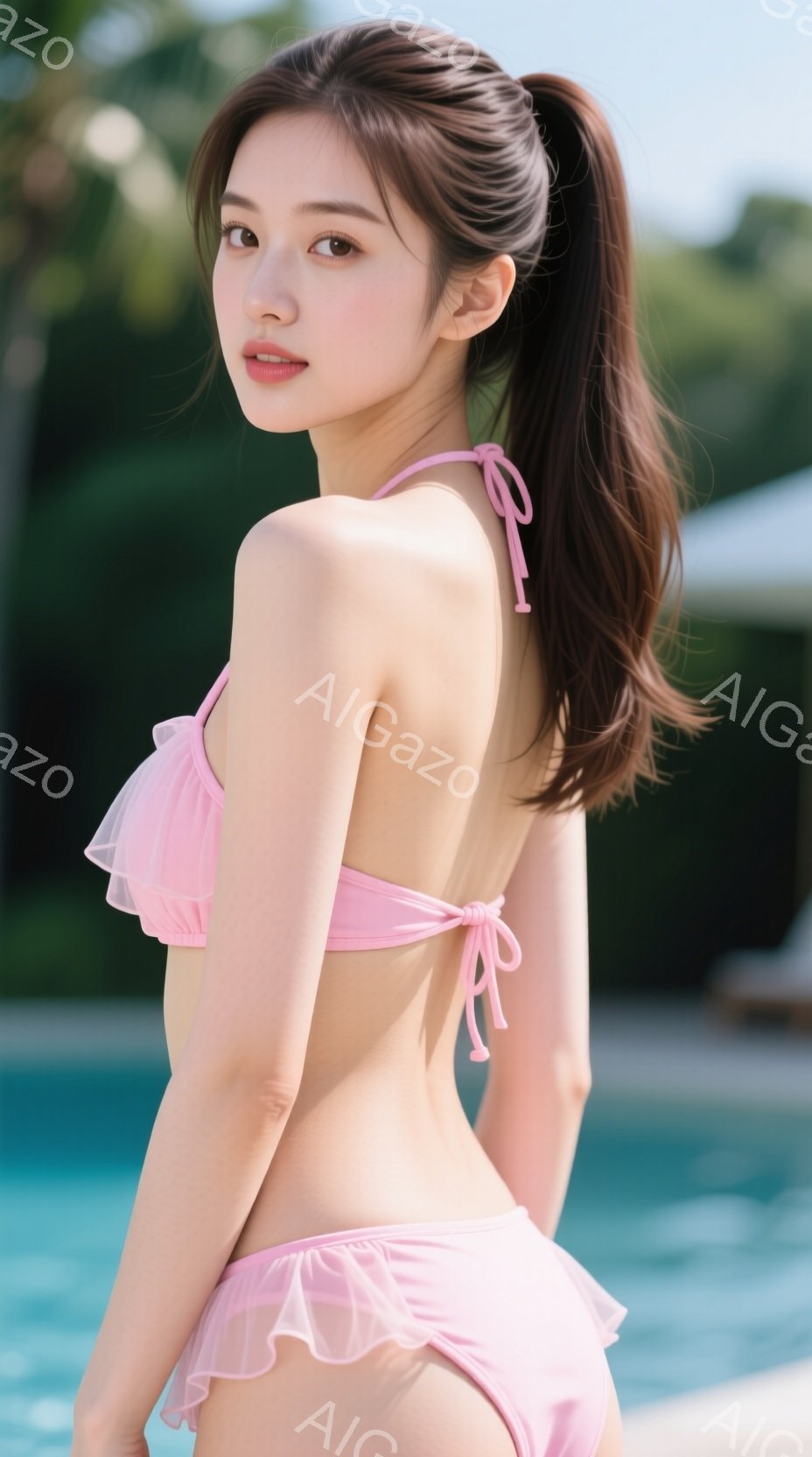 ピンク色のフリルのビキニを着た若い女性が、背中を向けて立っています。彼女は長い茶色の髪を高いポニーテールにしており、やや微笑んだ表情をしています。背景にはプールと緑豊かな植物が見え、晴れた日のリゾート - AI生成フリー素材
