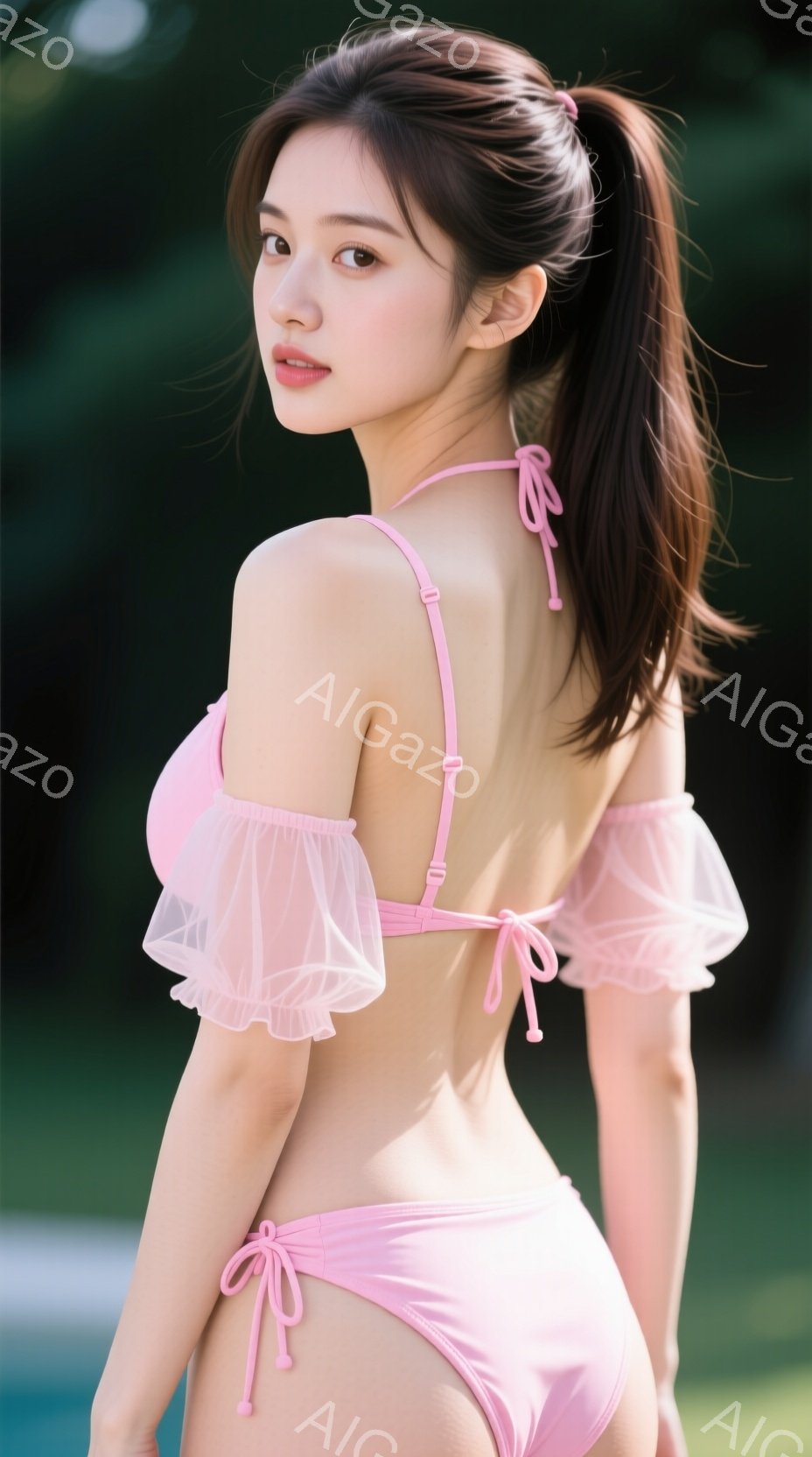 ピンク色のビキニ水着を身に着けた女性が、少し振り返ってこちらを見ている。髪は高く結ばれ、柔らかい素材のビキニは肩と腰にリボンが付いている。背景には緑豊かな植物が見え、屋外で晴れた日の撮影のようだ。 - AI生成フリー素材