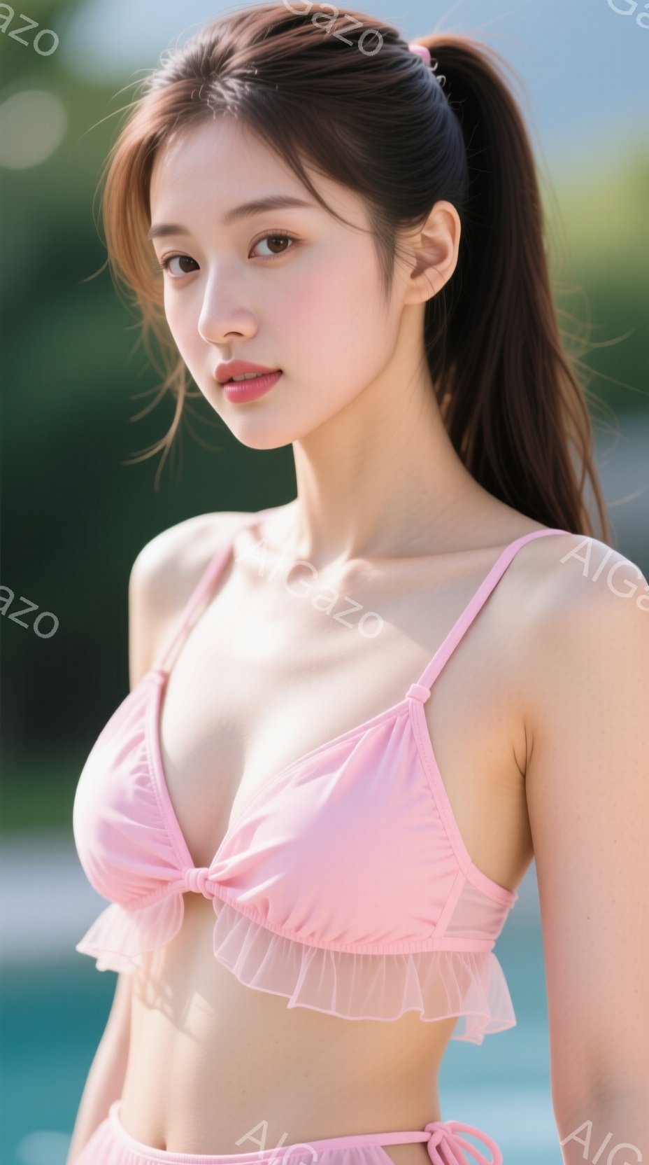 ピンク色のフリル付きビキニを着た若い女性が写っています。彼女は長い髪を高い位置でポニーテールにし、微笑みを浮かべています。背景は緑豊かな植物とぼやけた水面で、明るく暖かい日の雰囲気が漂っています。 - AI生成フリー素材