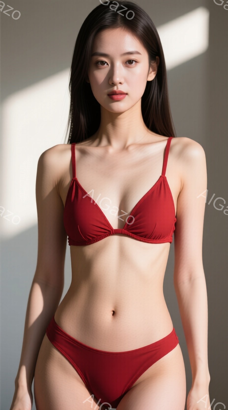 深い赤色のビキニを身につけた女性が写っています。彼女はまっすぐ前を向き、少し微笑みを浮かべており、滑らかな黒髪が肩にかかっています。背景は明るい色調で、影が柔らかく女性の体に落ちています。 - AI生成フリー素材