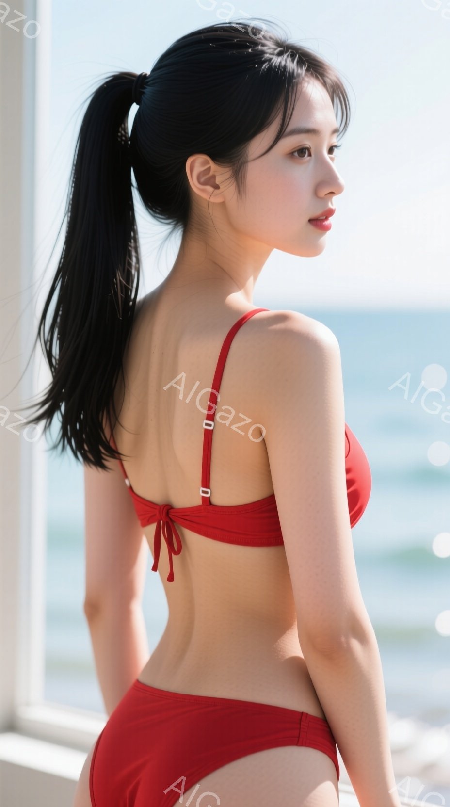 赤色のビキニを着た女性が、背中を向けて立っています。彼女は黒いロングヘアを後ろでまとめ、少し微笑んでいます。背景には、青い海と白い建物の一部が見え、晴れた日のビーチリゾートの雰囲気を醸し出しています。 - AI生成フリー素材