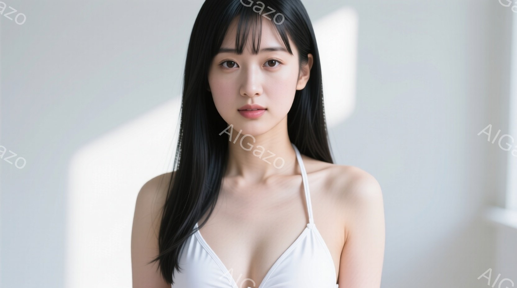 長い黒髪を肩から下で伸ばした女性が写っています。白いビキニトップを着ており、表情は穏やかでわずかに微笑んでいるように見えます。背景は白く、光が差し込んでおり、全体的に清潔感のある静かな雰囲気が漂ってい - AI生成フリー素材