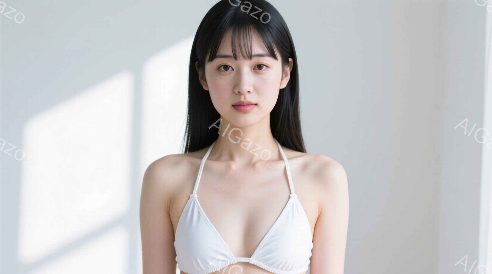 長い黒髪で、前髪は眉毛にかかるように切り揃えられています。白いビキニトップを着ており、表情は穏やかで、カメラをまっすぐ見つめています。背景は白い壁で、強い光が差し込み、影が壁に映り込んでおり、全体的に - AI生成フリー素材