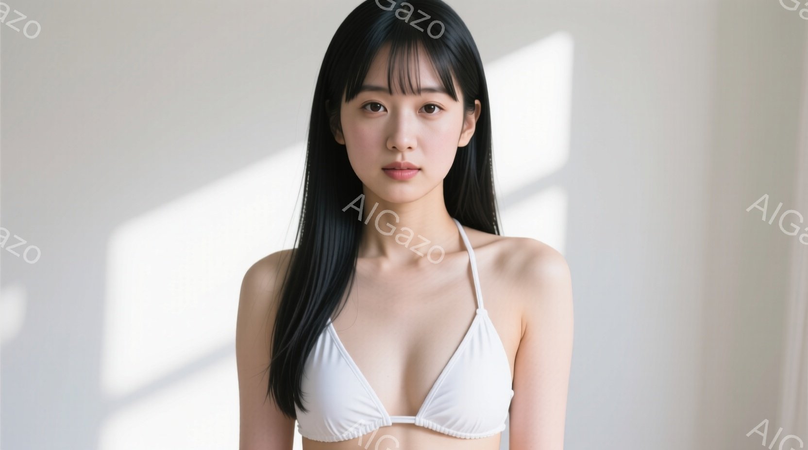 長い黒髪をセンターパートにした若い女性が、白いビキニトップを着て正面を向いています。彼女はわずかに微笑み、穏やかな表情をしています。背景は白く、強い光が差し込み、シャープな影を作り出しています。
