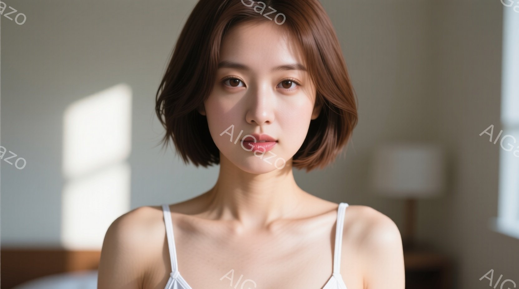 この女性は肩出しの白いキャミソールを着ており、短くて茶色の髪型をしています。彼女はカメラに向かって穏やかな表情で、まっすぐ前を見ています。背景はぼやけていますが、室内で光が差し込んでいる様子がわかりま - AI生成フリー素材