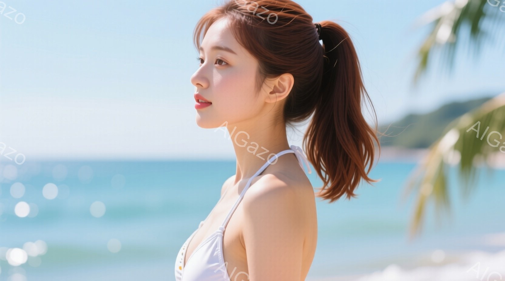 明るい青空とターコイズブルーの海を背景に、茶髪をポニーテールにした若い女性が横を向いています。白いビキニのような水着を着用し、リラックスした表情で遠くを見つめています。背景にはヤシの木が見え、晴れた日 - AI生成フリー素材