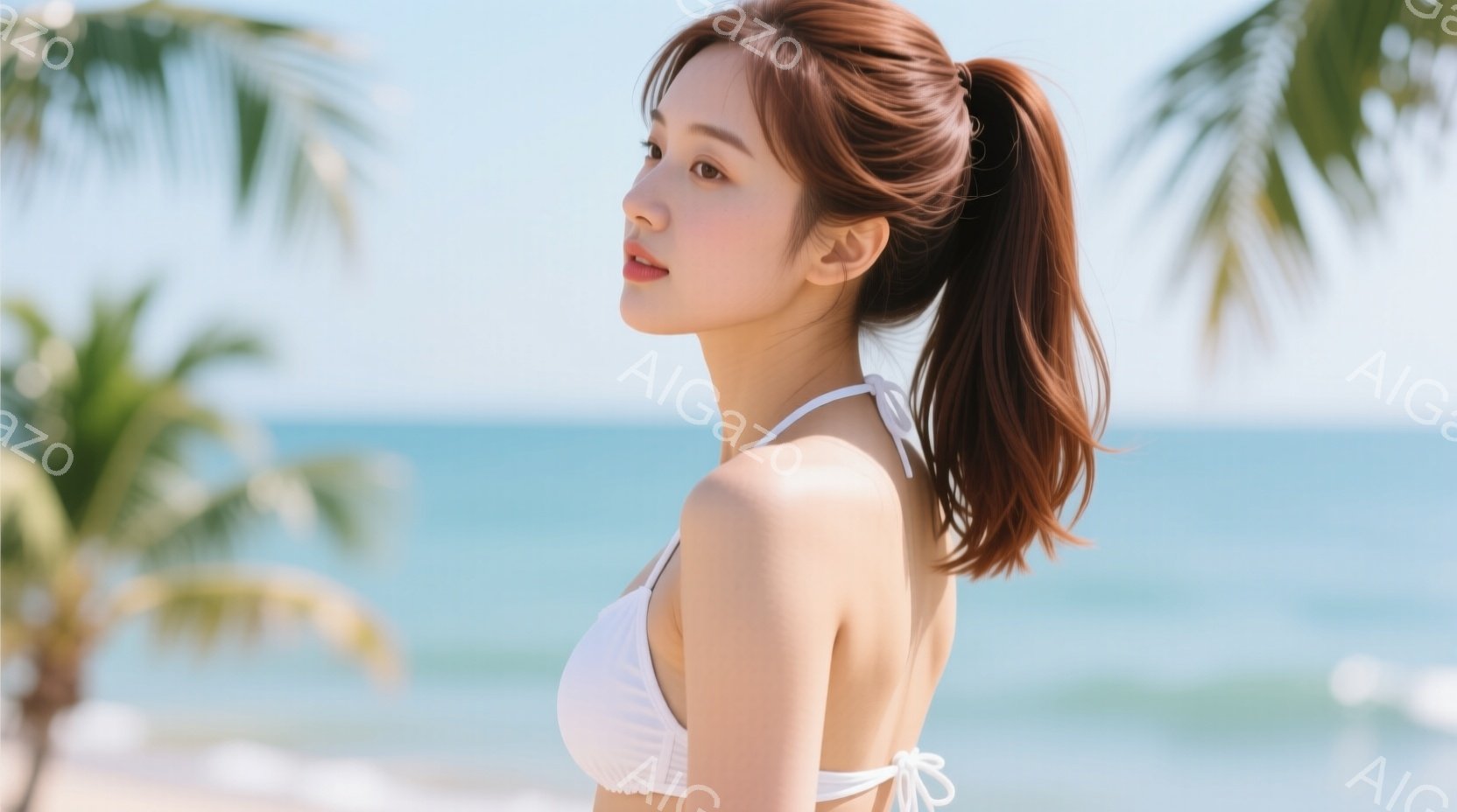 長い茶色の髪をポニーテールにした女性が、白いビキニを着て横を向いています。彼女は穏やかな表情で、ビーチの背景に溶け込むように立っています。背景にはヤシの木と青い海が広がり、晴れた日のリラックスした雰囲 - AI生成フリー素材