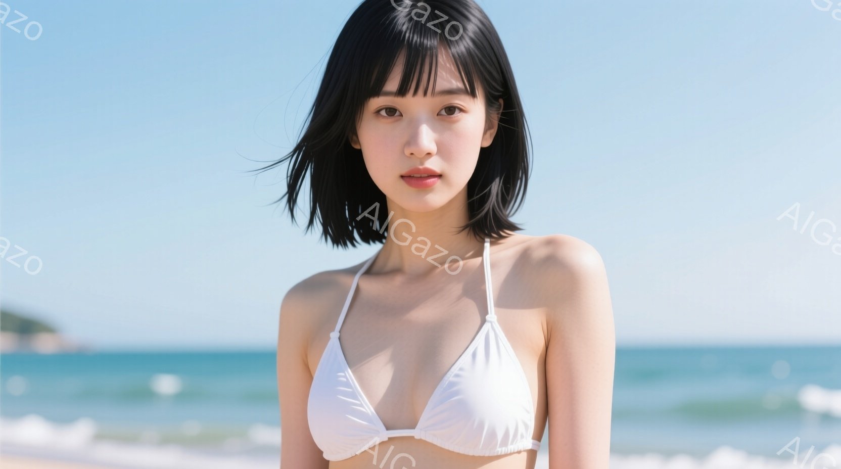 白いビキニを着た女性が写っています。彼女は黒いショートヘアで、穏やかな表情をしています。背景には青い海と白い砂浜が広がり、晴天で穏やかな夏の雰囲気が漂っています。 - AI生成フリー素材