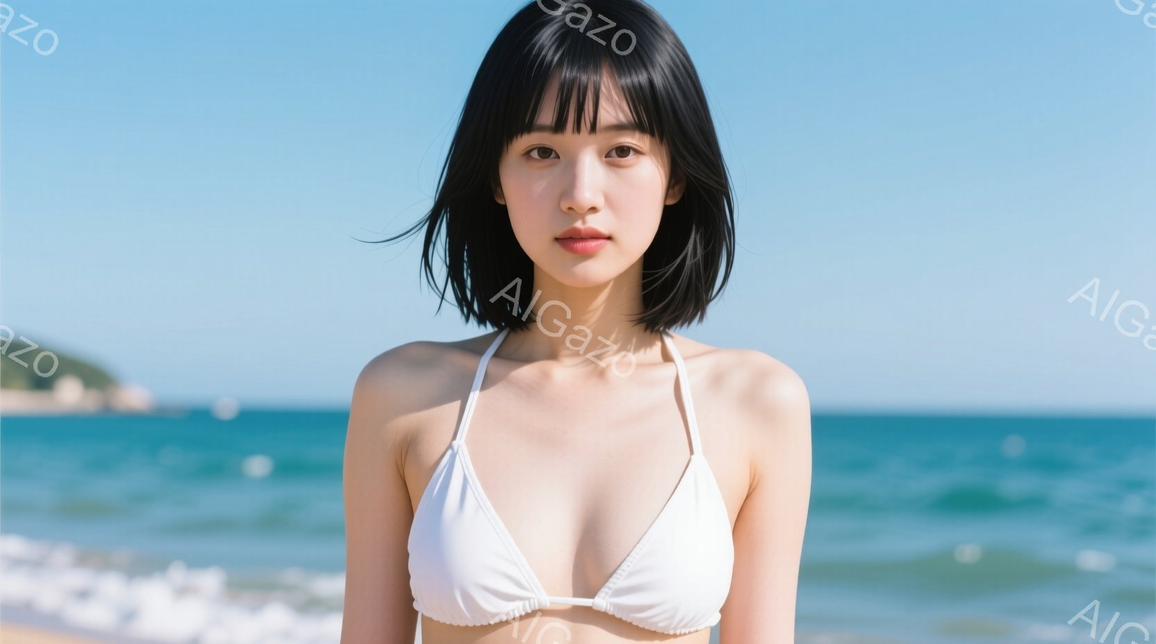 黒髪の女性が白いビキニを着て、穏やかな表情でこちらを見つめています。彼女はわずかに微笑んでおり、肩を露わにしたシンプルなスタイルです。背景には青い海と白い波、そして緑の丘が見え、晴れた日のビーチの穏や - AI生成フリー素材