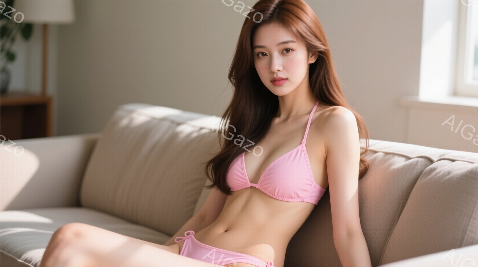 長い茶色の髪を肩にかかるように下ろし、ピンク色のビキニ姿の女性がベージュ色のソファに座っています。彼女はリラックスした表情で、片足を曲げ、カメラの方を見ています。背景には窓と植物が見え、明るく穏やかな - AI生成フリー素材