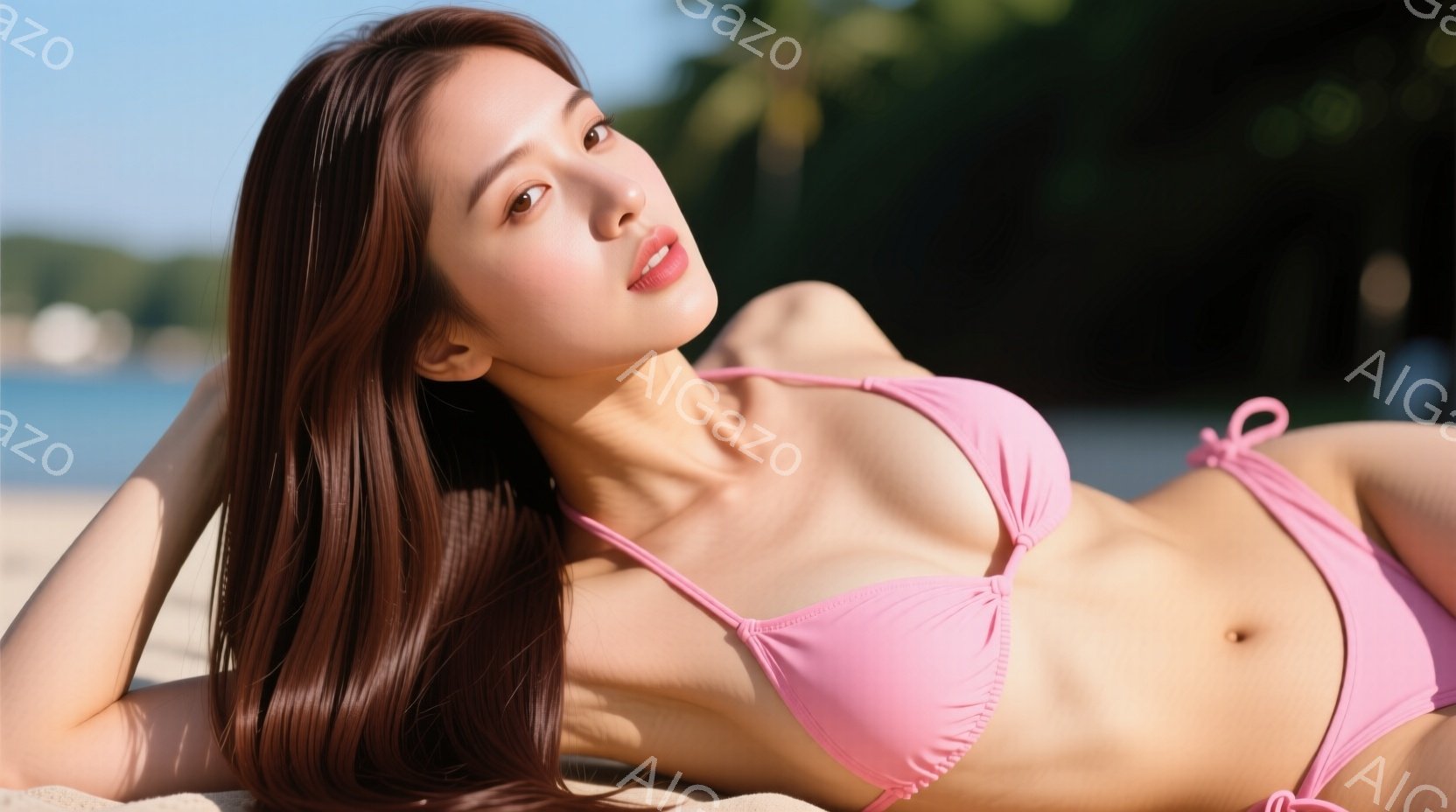 長いストレートの茶髪の女性がピンク色のビキニを着て、砂浜の上で横たわっています。彼女は少し上目遣いで微笑んでおり、健康的で引き締まった体型を誇示しています。背景には青い海と緑の木々が見え、晴天の下でリラックスした雰囲気が漂っています。