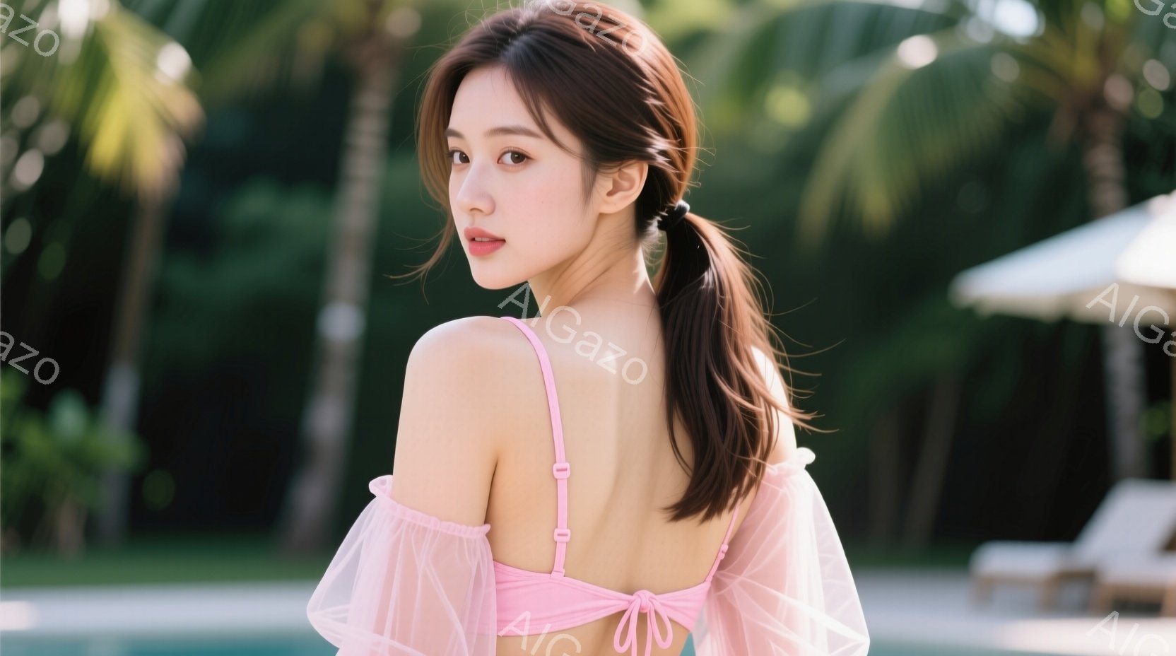 明るいピンク色のオフショルダーのトップスを着た若い女性が、後ろ姿をこちらに向けています。髪はダークブラウンで、後ろでポニーテールに結ばれています。背景には緑豊かな植物とプールがあり、晴れた日のリゾート地の雰囲気が漂っています。