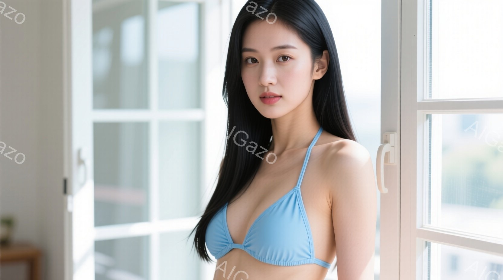 長い黒髪の女性が水色のビキニを着て、白い窓枠の前に立っている。彼女はカメラに向かって少し微笑み、リラックスしたポーズをとっている。背景にはぼやけた建物が見え、明るい日差しが差し込んでいる。 - AI生成フリー素材