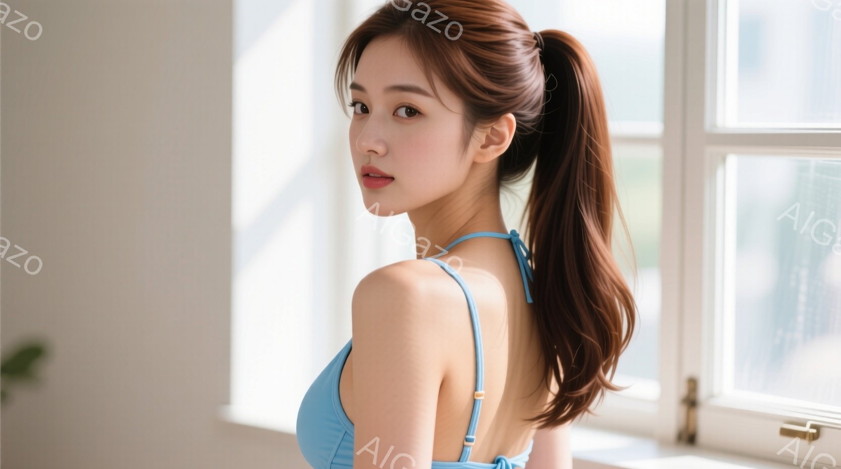 長い茶色の髪を高い位置でポニーテールにし、水色のキャミソールを着た若い女性が写っています。彼女は少し後ろを向き、微笑んでいるように見え、姿勢はリラックスしています。背景には白い窓枠が見え、柔らかい自然 - AI生成フリー素材