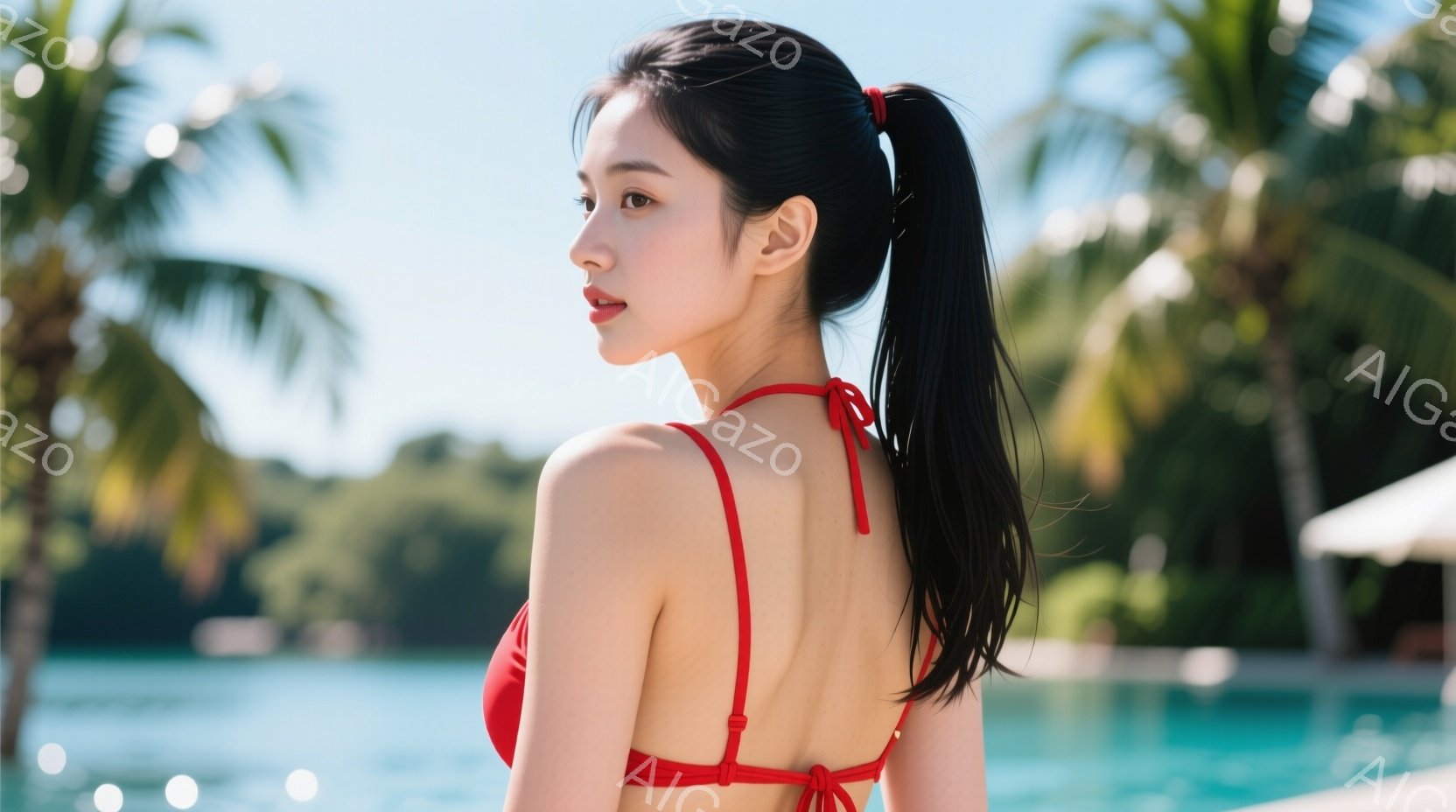 長い黒髪をポニーテールにした女性が、赤いビキニの上着を身に着けています。彼女は少し振り返っており、横顔がはっきりと見えますが、表情は穏やかで上品です。背景には青いプールと緑豊かなヤシの木々が見え、晴れ - AI生成フリー素材