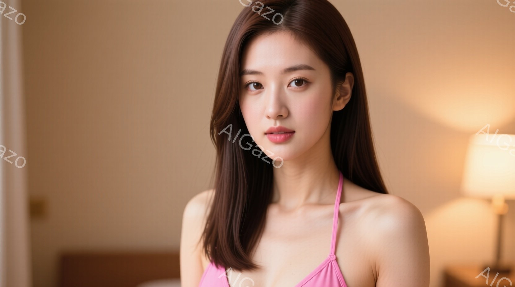 長い茶色の髪を肩にかける女性が写っています。ピンク色のキャミソールを着ており、柔らかい表情でカメラを見ています。背景にはぼやけた室内が写り、全体的に穏やかで優しい雰囲気が漂っています。 - AI生成フリー素材