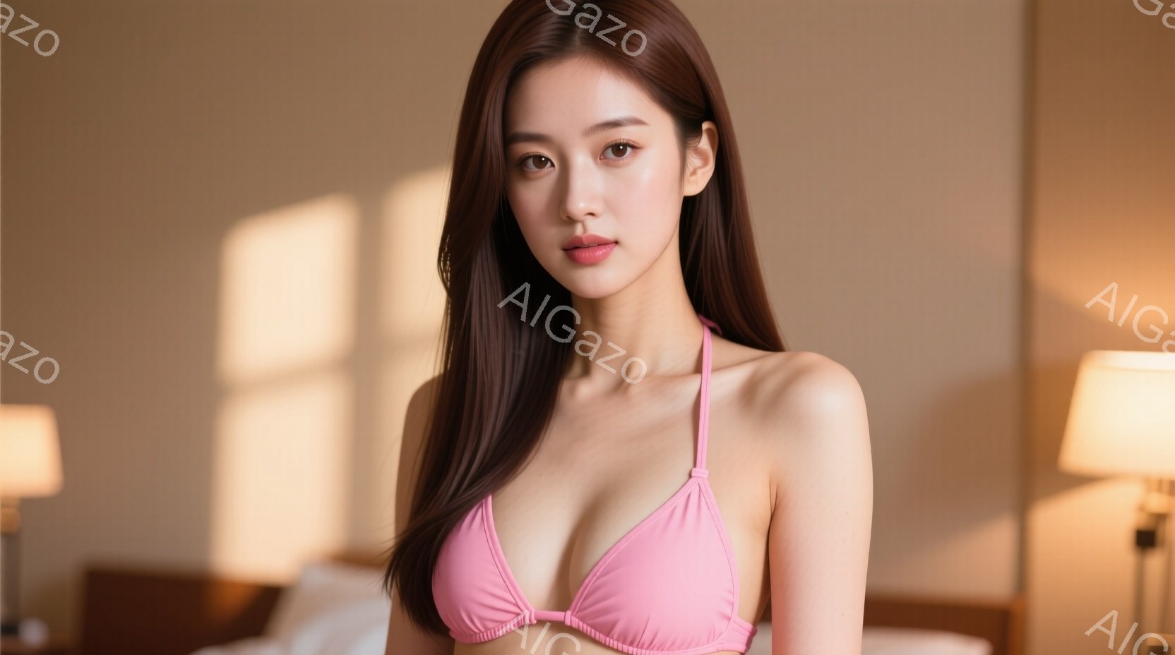 長い茶色の髪をなびかせた女性がピンク色のビキニを着て正面を向いています。彼女は穏やかな表情で、わずかに微笑んでいます。背景にはベッドとランプが見え、部屋全体が柔らかい光に包まれています。 - AI生成フリー素材